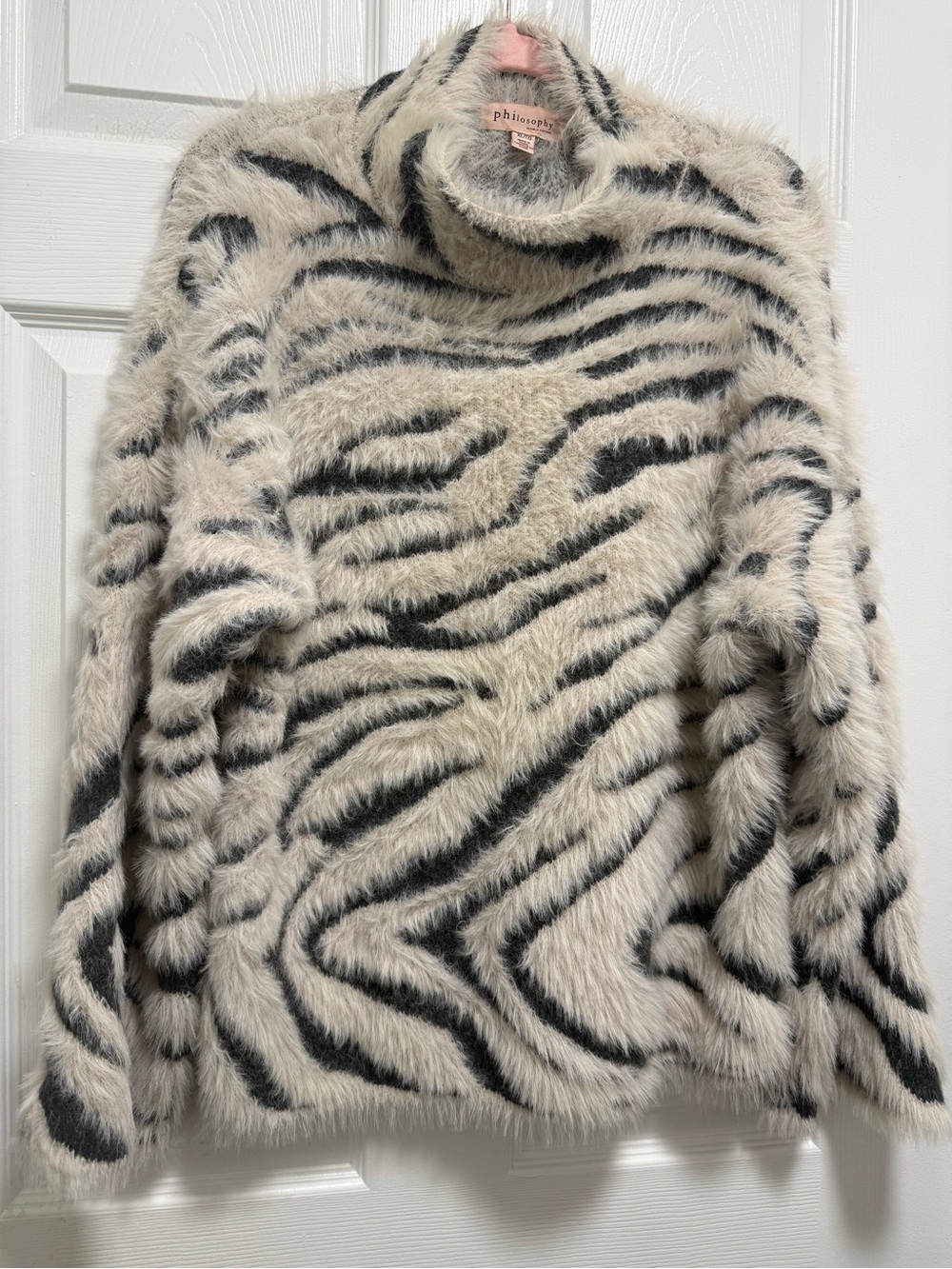 Philosophy Faux-Fur Zebra-Stripe Fuzzy Sweater in Cream and Black XL